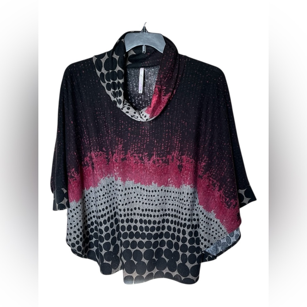 Harmony Pullover Black/Gray/Fuchsia Dots Cowl Neck Poncho Sweater Size Medium